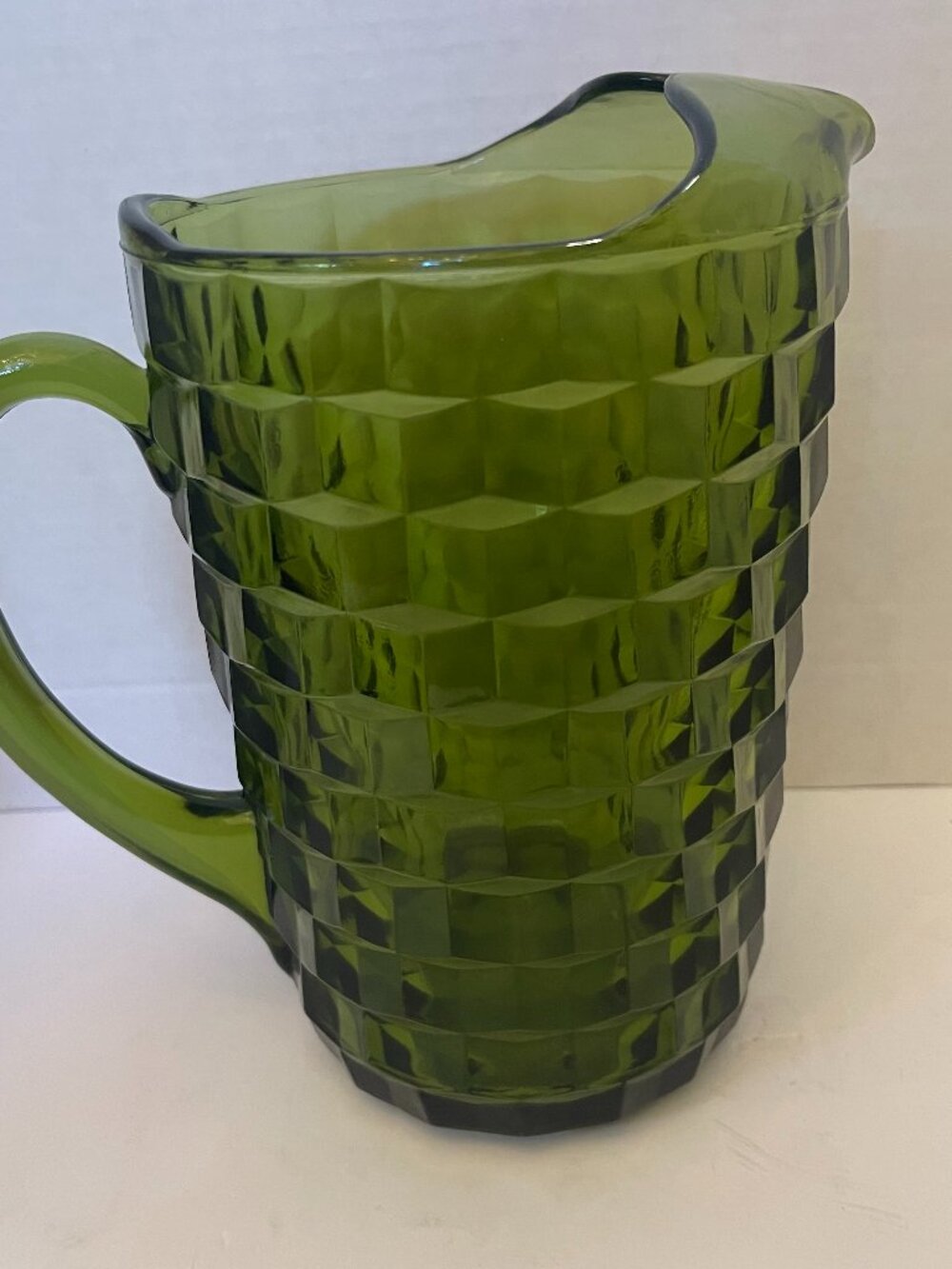 VTG MCM Indiana Colony Whitehall Cubist Avocado Green Glass Pitcher w/Ice Guard